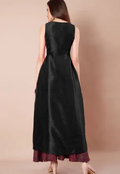 Embroidered Dupion Silk Front Slitted A Line Kurta in Black