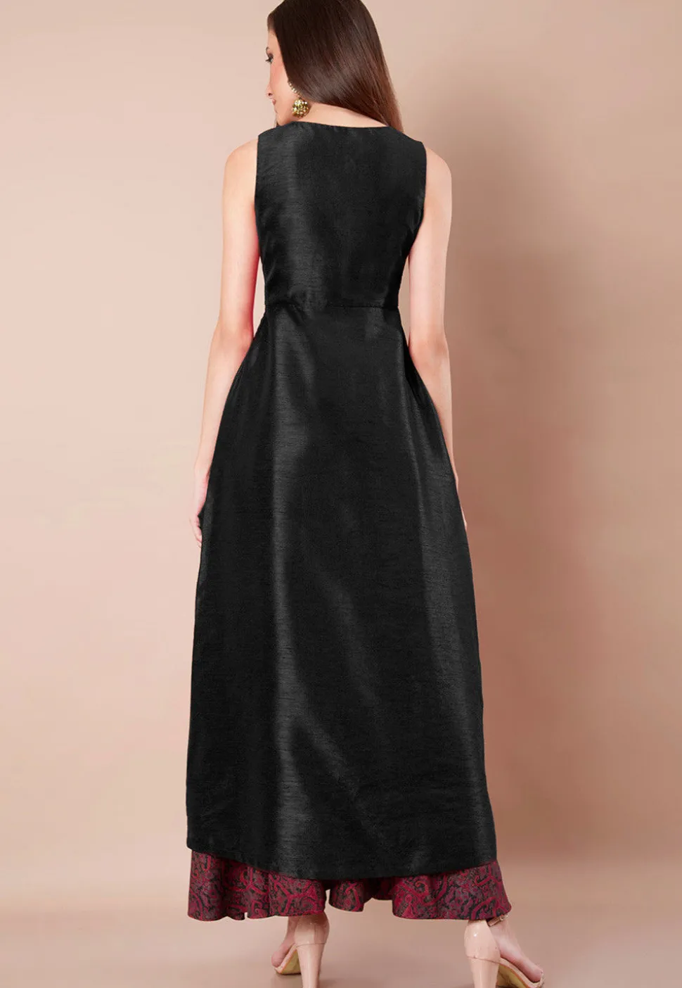 Embroidered Dupion Silk Front Slitted A Line Kurta in Black