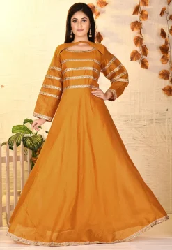 Embroidered Dupion Silk Gown in Mustard