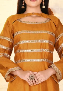 Embroidered Dupion Silk Gown in Mustard