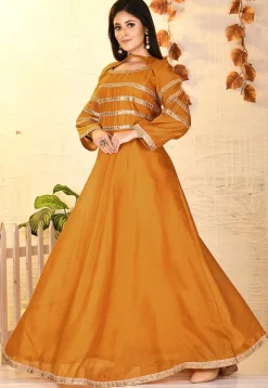 Embroidered Dupion Silk Gown in Mustard