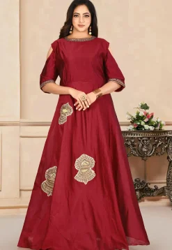 Embroidered Dupion Silk Gown in Maroon