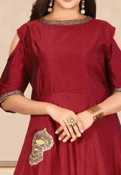 Embroidered Dupion Silk Gown in Maroon