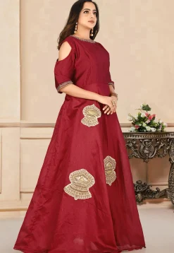 Embroidered Dupion Silk Gown in Maroon