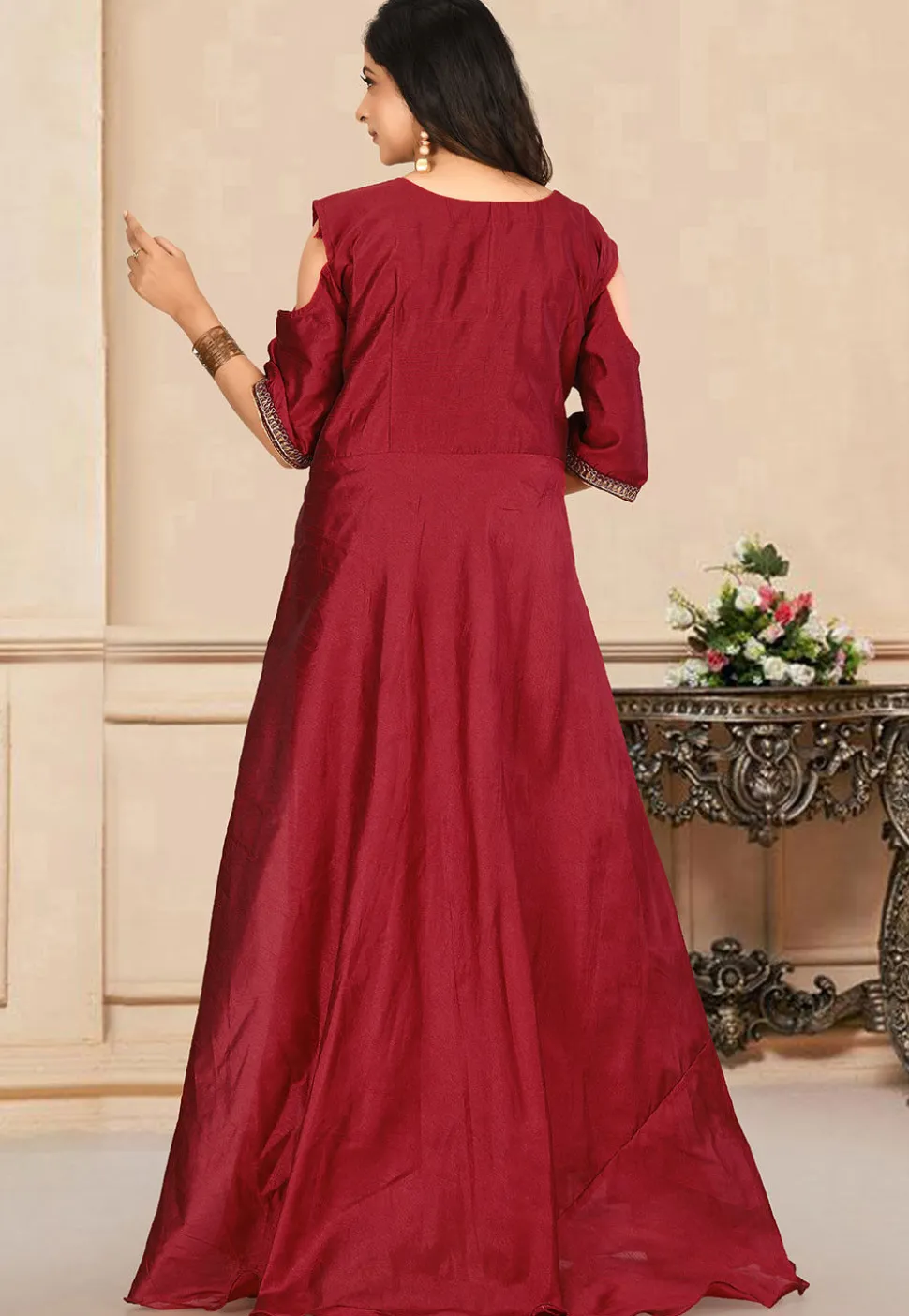 Embroidered Dupion Silk Gown in Maroon