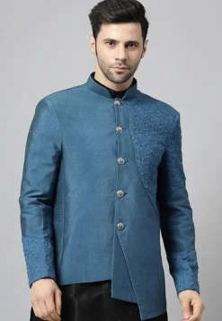 Embroidered Dupion Silk Jodhpuri Jacket in Dusty Blue