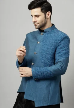 Embroidered Dupion Silk Jodhpuri Jacket in Dusty Blue