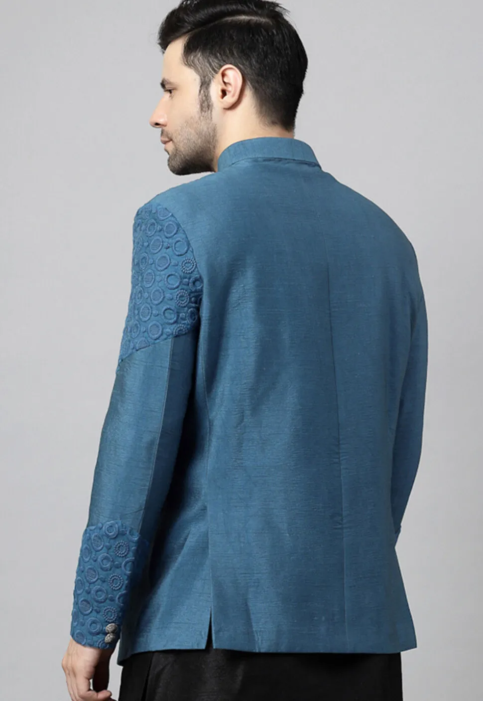 Embroidered Dupion Silk Jodhpuri Jacket in Dusty Blue