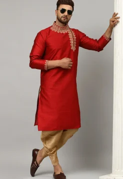 Embroidered Dupion Silk Jacquard Dhoti Kurta in Red