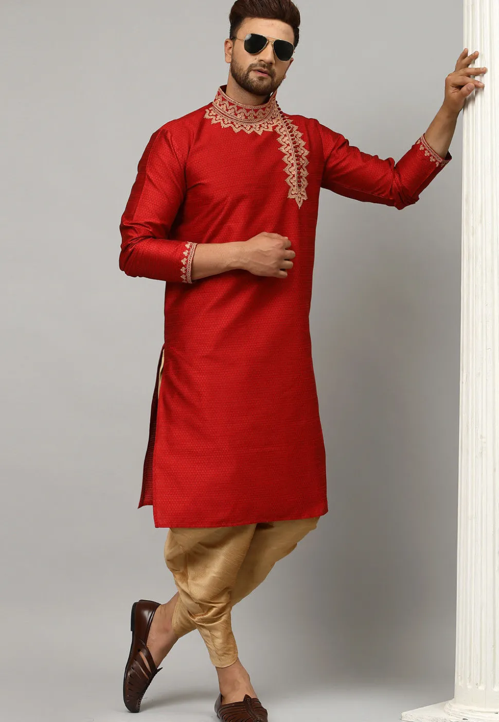 Embroidered Dupion Silk Jacquard Dhoti Kurta in Red