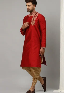 Embroidered Dupion Silk Jacquard Dhoti Kurta in Red