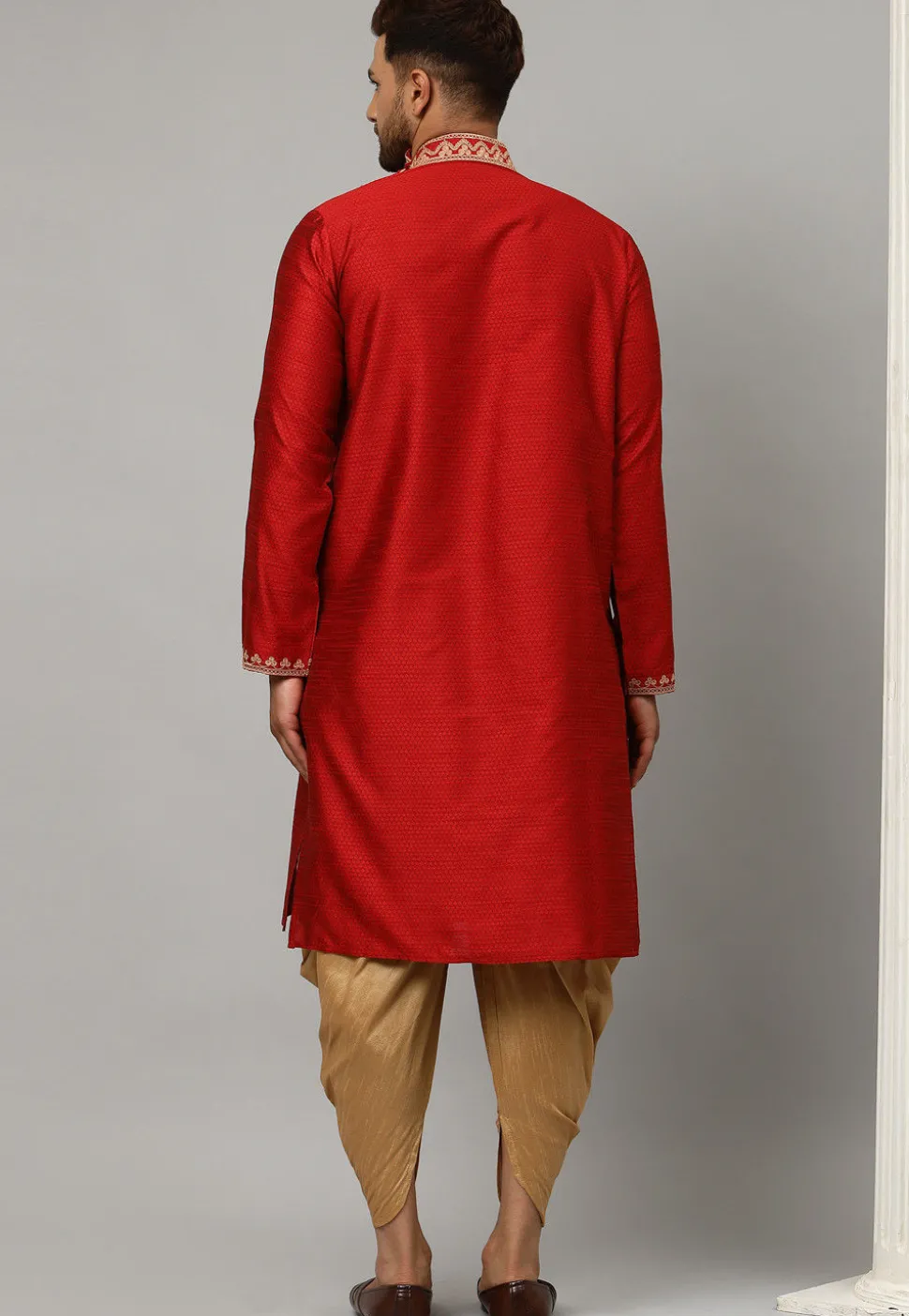 Embroidered Dupion Silk Jacquard Dhoti Kurta in Red
