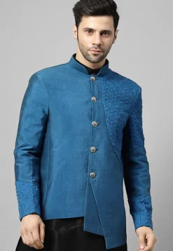 Embroidered Dupion Silk Jodhpuri Jacket in Blue