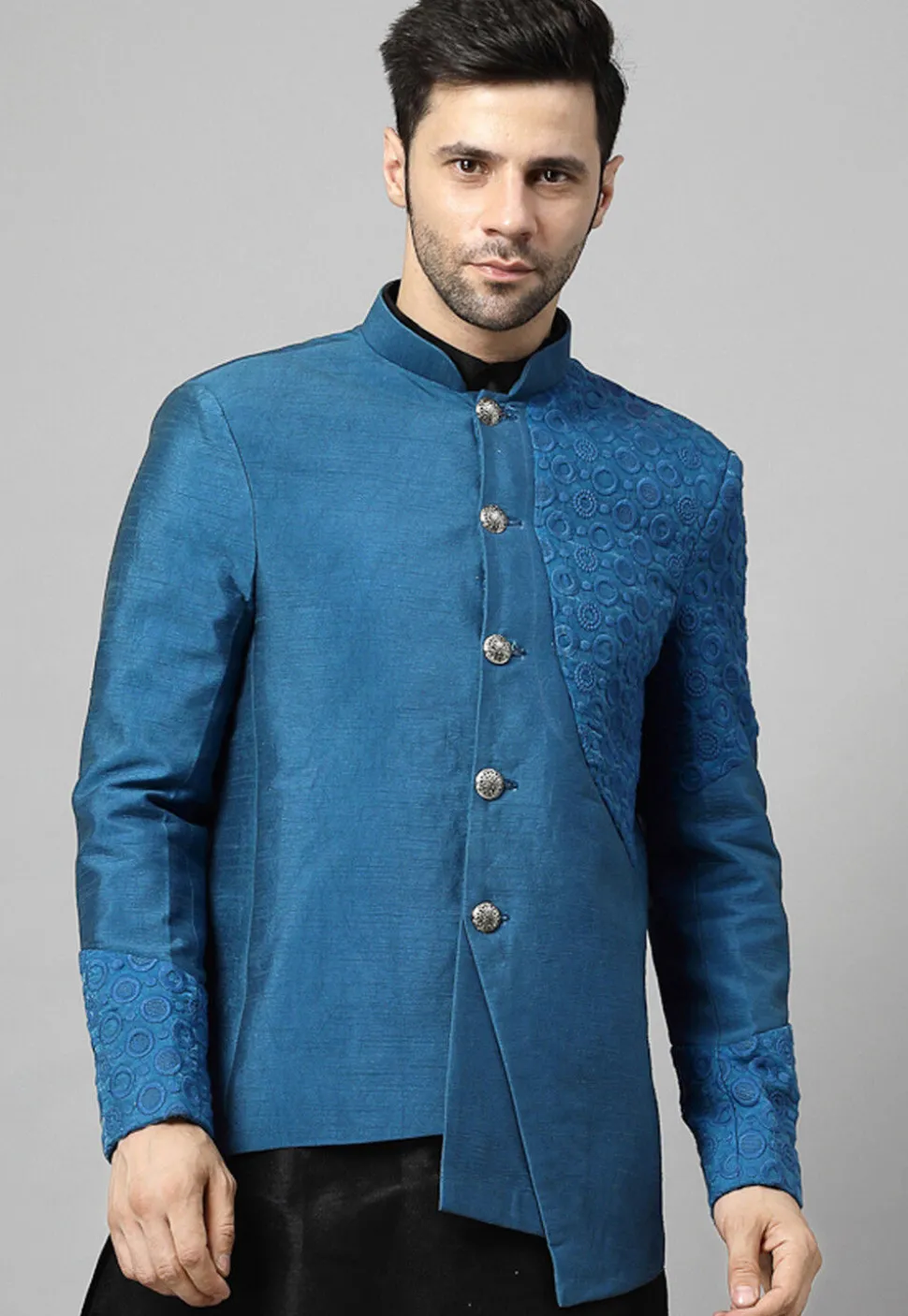 Embroidered Dupion Silk Jodhpuri Jacket in Blue