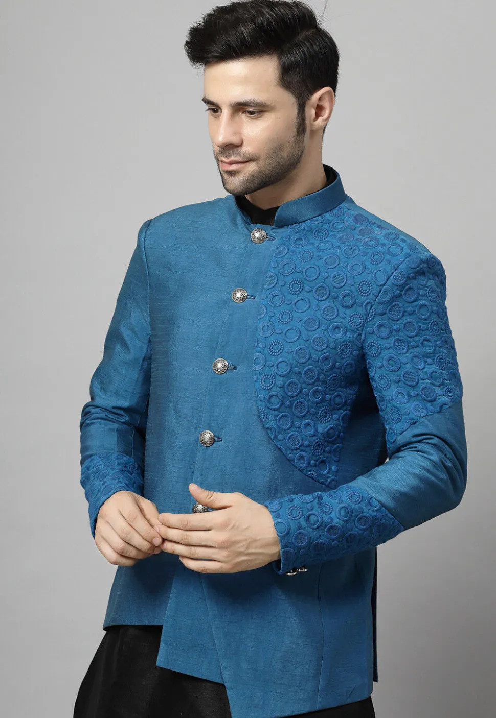 Embroidered Dupion Silk Jodhpuri Jacket in Blue