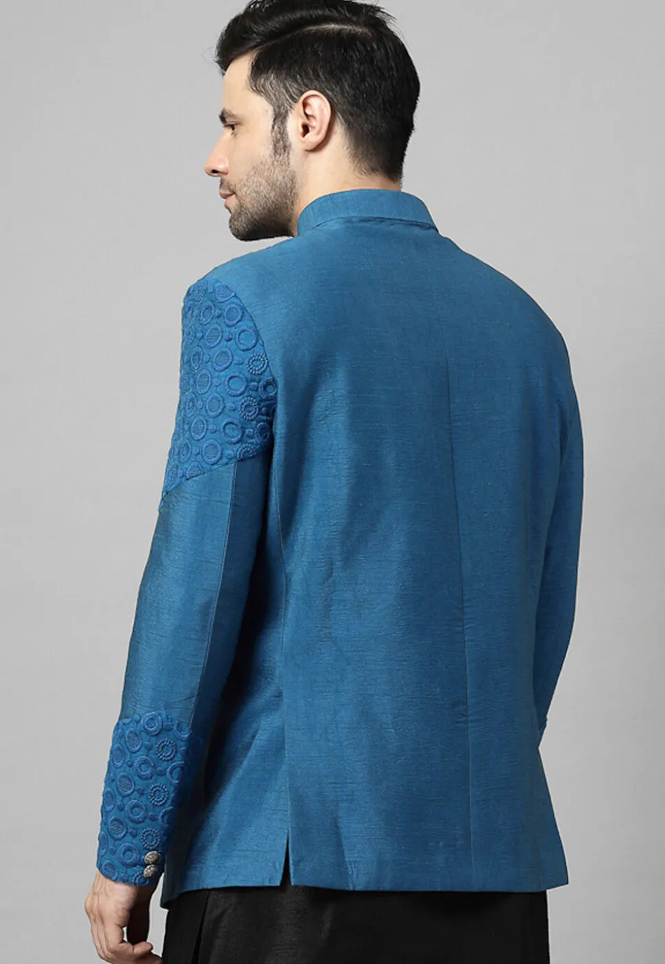 Embroidered Dupion Silk Jodhpuri Jacket in Blue