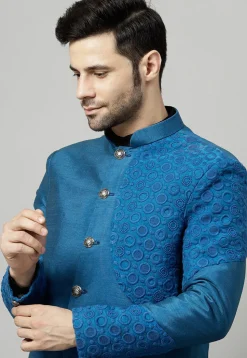 Embroidered Dupion Silk Jodhpuri Jacket in Blue