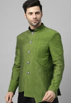 Embroidered Dupion Silk Jodhpuri Jacket in Olive Green