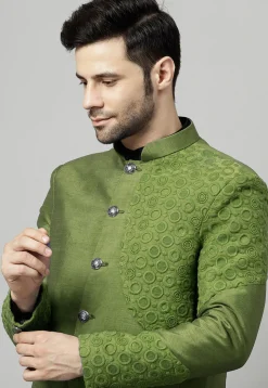 Embroidered Dupion Silk Jodhpuri Jacket in Olive Green