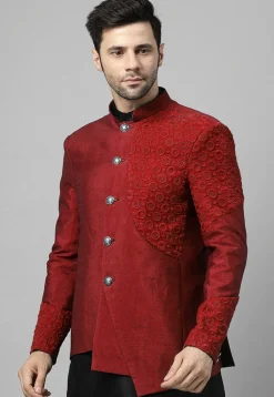 Embroidered Dupion Silk Jodhpuri Jacket in Maroon