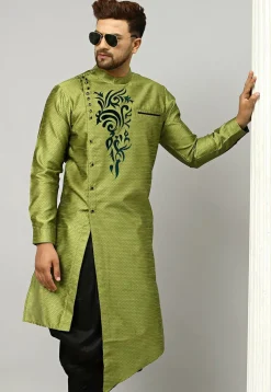 Embroidered Dupion Silk Jacquard Kurta in Olive Green