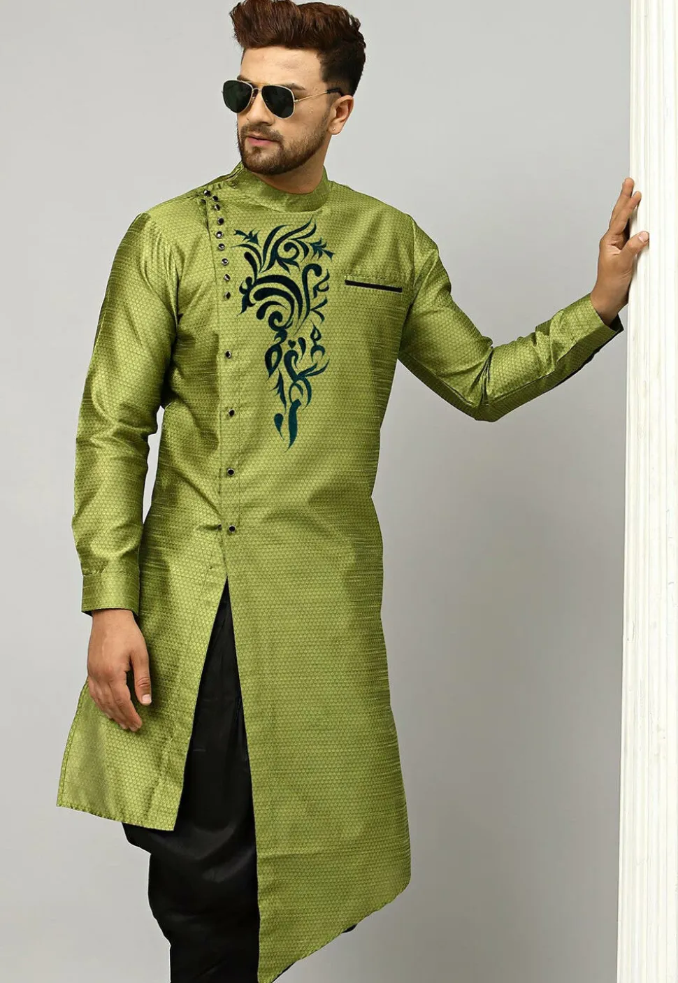 Embroidered Dupion Silk Jacquard Kurta in Olive Green