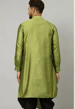 Embroidered Dupion Silk Jacquard Kurta in Olive Green
