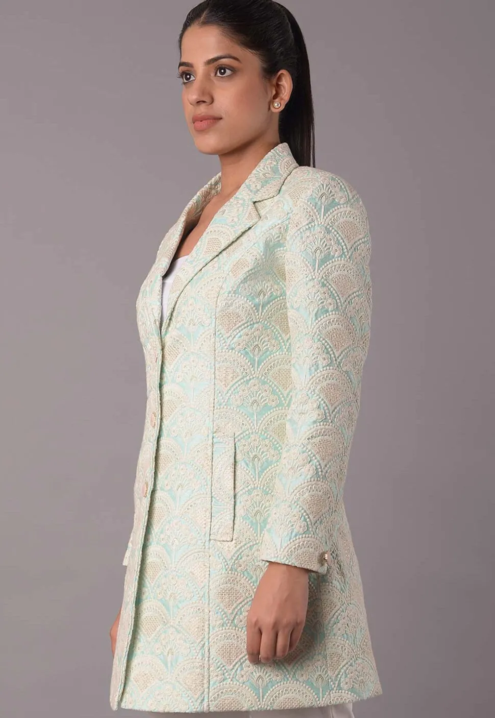 Embroidered Dupion Silk Jacket in Sea Green
