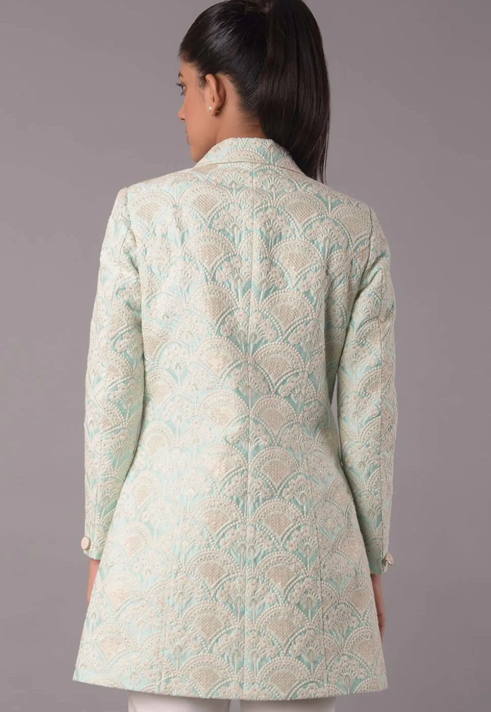Embroidered Dupion Silk Jacket in Sea Green