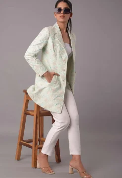 Embroidered Dupion Silk Jacket in Sea Green