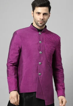 Embroidered Dupion Silk Jodhpuri Jacket in Magenta