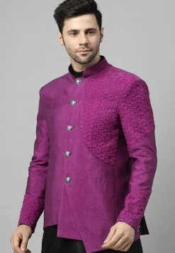 Embroidered Dupion Silk Jodhpuri Jacket in Magenta
