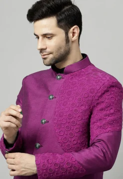 Embroidered Dupion Silk Jodhpuri Jacket in Magenta
