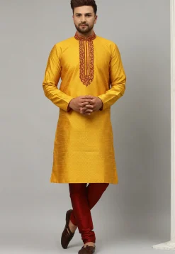 Embroidered Dupion Silk Jacquard Kurta Set in Mustard