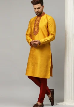 Embroidered Dupion Silk Jacquard Kurta Set in Mustard