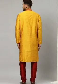 Embroidered Dupion Silk Jacquard Kurta Set in Mustard