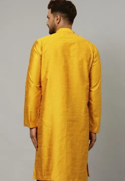 Embroidered Dupion Silk Jacquard Kurta in Mustard