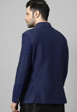 Embroidered Dupion Silk Jodhpuri Jacket in Navy Blue