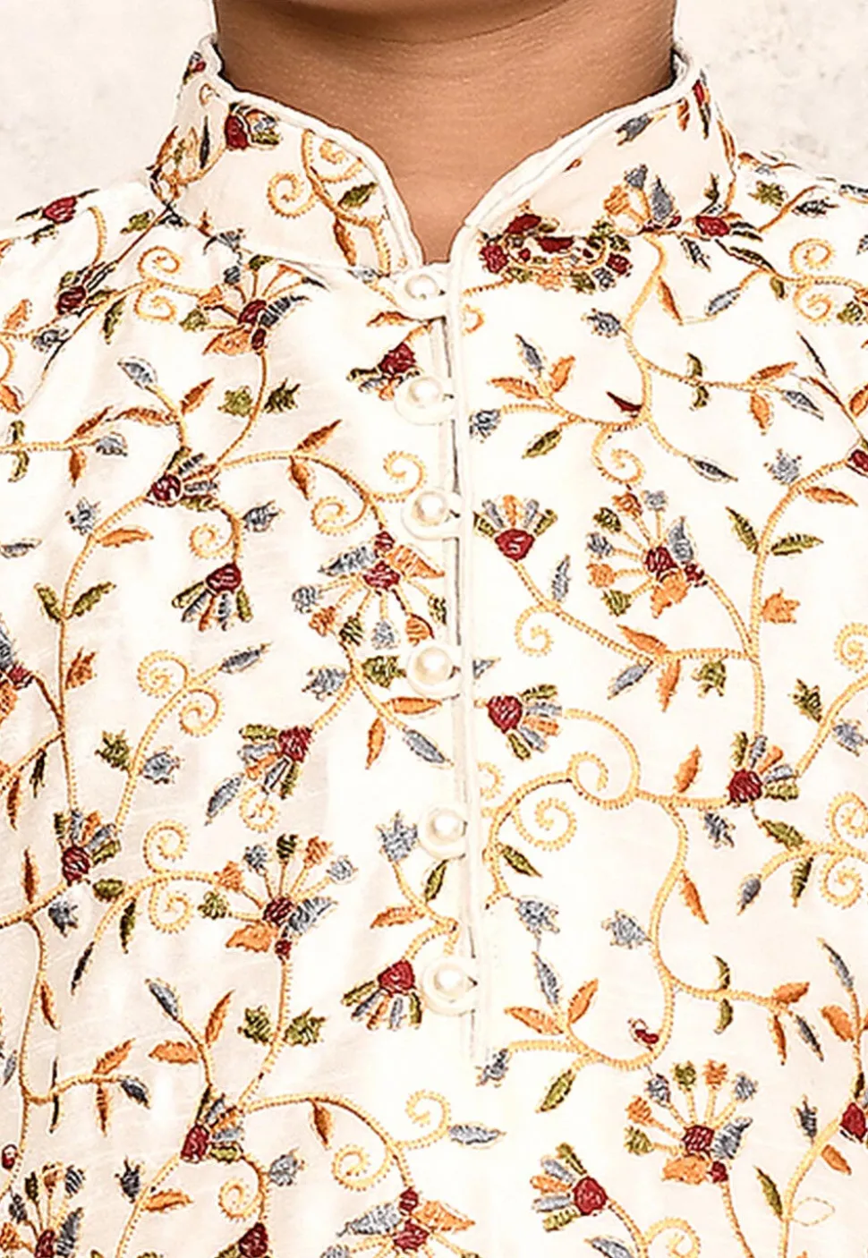 Embroidered Dupion Silk Kurta Set in Off White