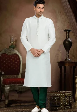 Embroidered Dupion Silk Kurta Set in White