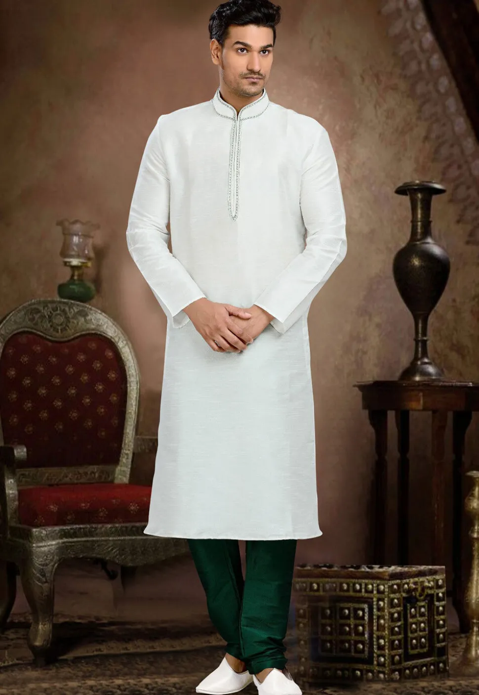 Embroidered Dupion Silk Kurta Set in White