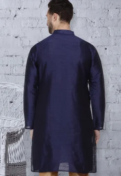 Embroidered Dupion Silk Kurta in Navy Blue