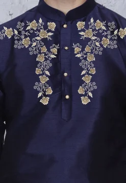 Embroidered Dupion Silk Kurta in Navy Blue