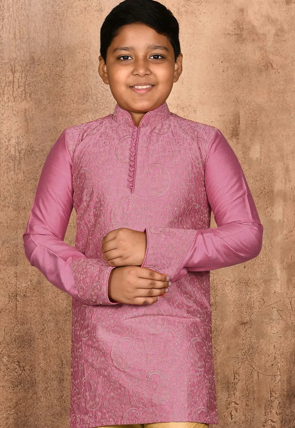 Embroidered Dupion Silk Kurta in Dark Pink