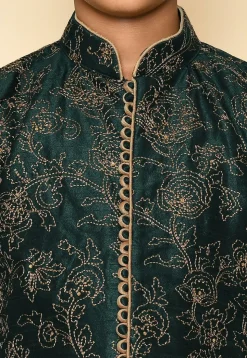 Embroidered Dupion Silk Kurta in Dark Green