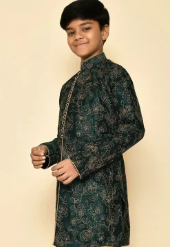 Embroidered Dupion Silk Kurta in Dark Green