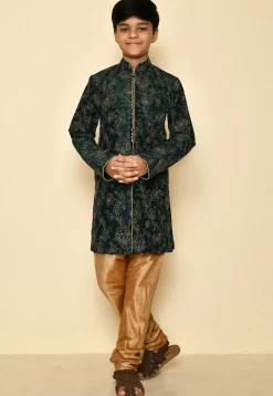 Embroidered Dupion Silk Kurta in Dark Green