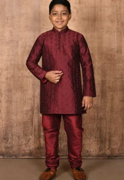 Embroidered Dupion Silk Kurta Set in Maroon
