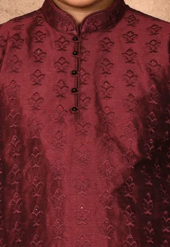 Embroidered Dupion Silk Kurta Set in Maroon