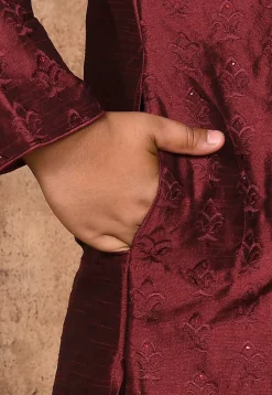 Embroidered Dupion Silk Kurta Set in Maroon